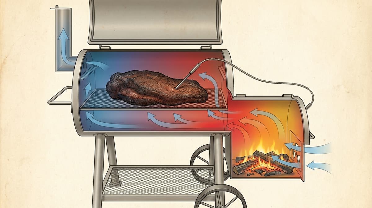 Cuisson au smoker : contrôle de température et circulation de la fumée.