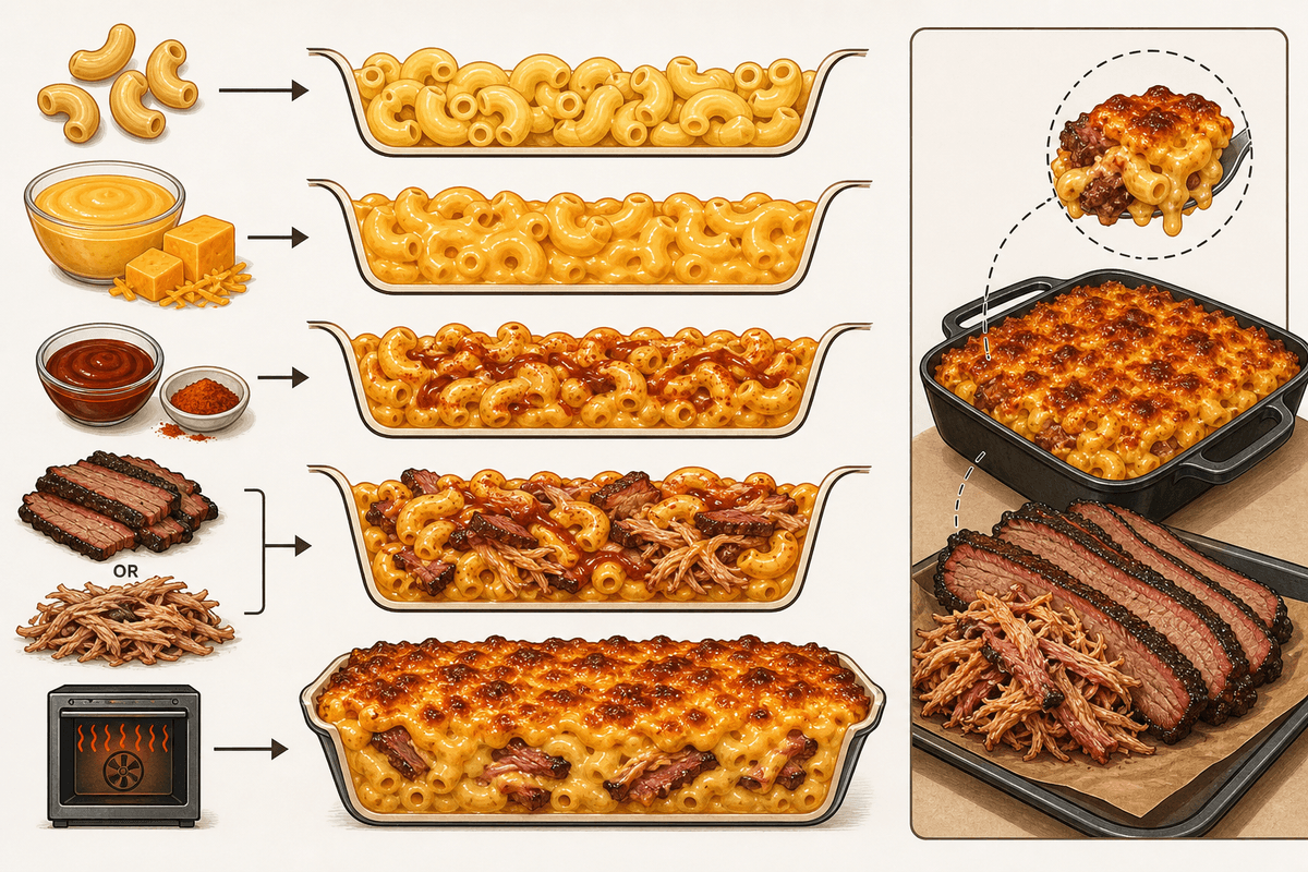 Simple visual of how barbecue elements integrate into mac and cheese