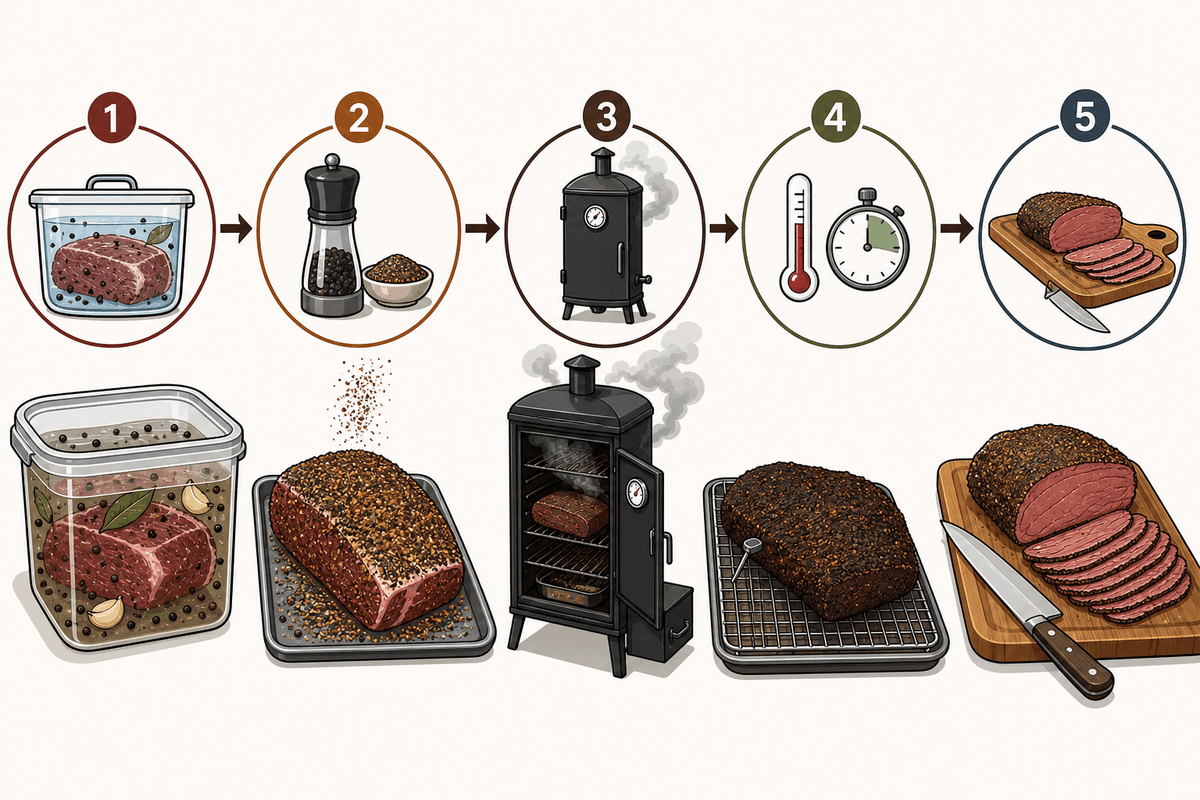 Schéma du processus : du paleron saumuré au pastrami fumé puis tranché.