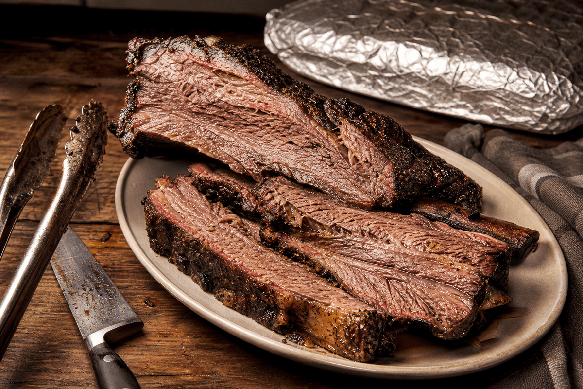 Assiette de travers de bœuf XXL tranchés, texture qui s’effiloche comme du brisket.
