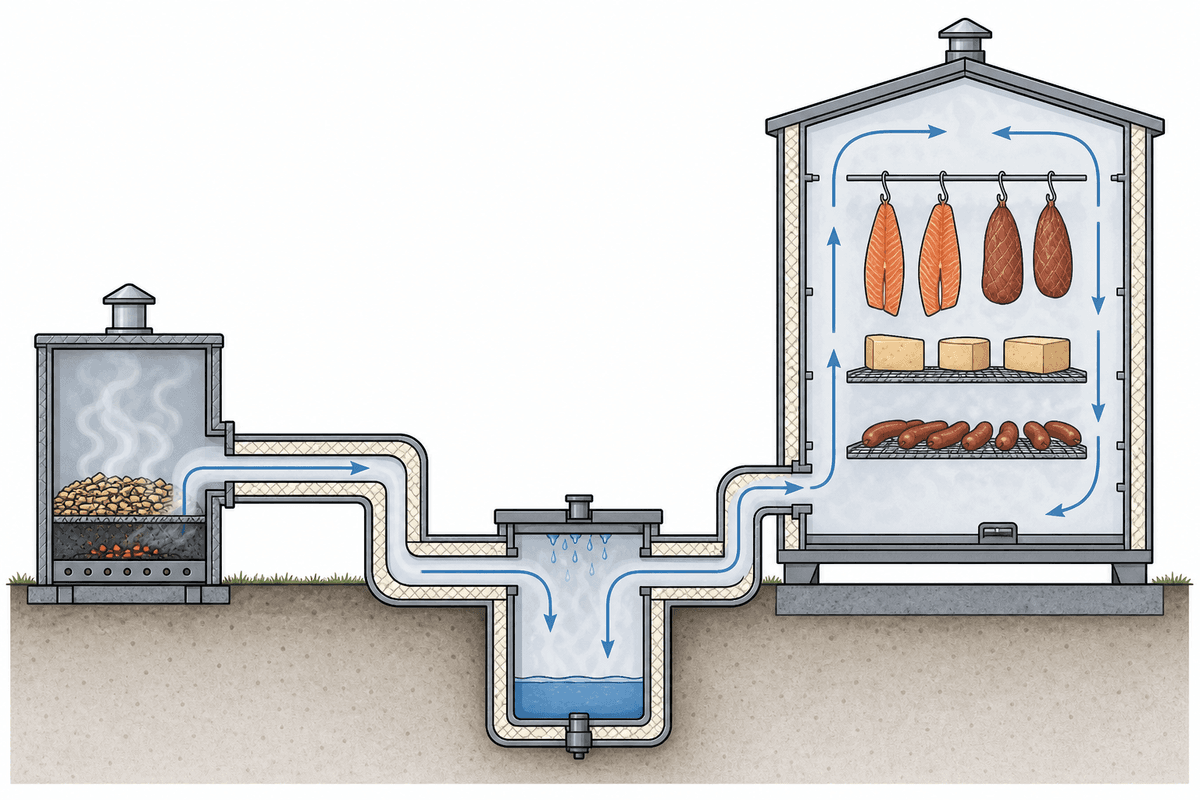 Cutaway schematic showing smoke path and cooling/condensation control in cold smoking.
