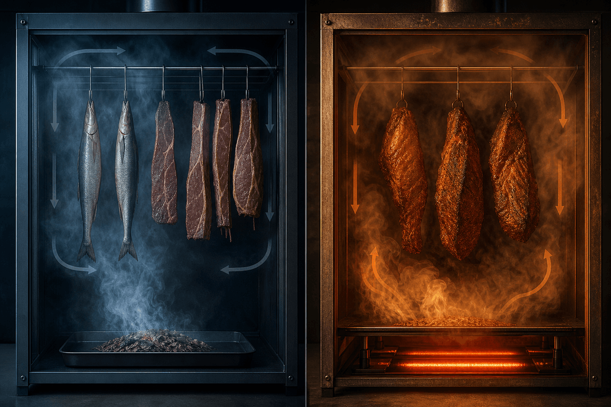 Visual comparison of cold smoking vs hot smoking environment.