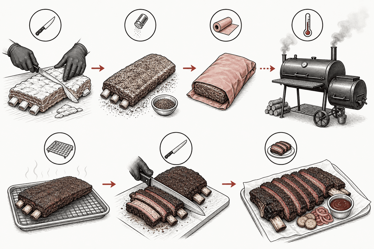 Schéma du procédé : préparation, fumage doux et repos pour obtenir une texture type brisket.