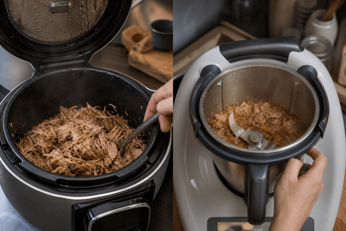 Comparaison visuelle de la préparation au Cookeo (pression) vs au Thermomix (mix/robot).