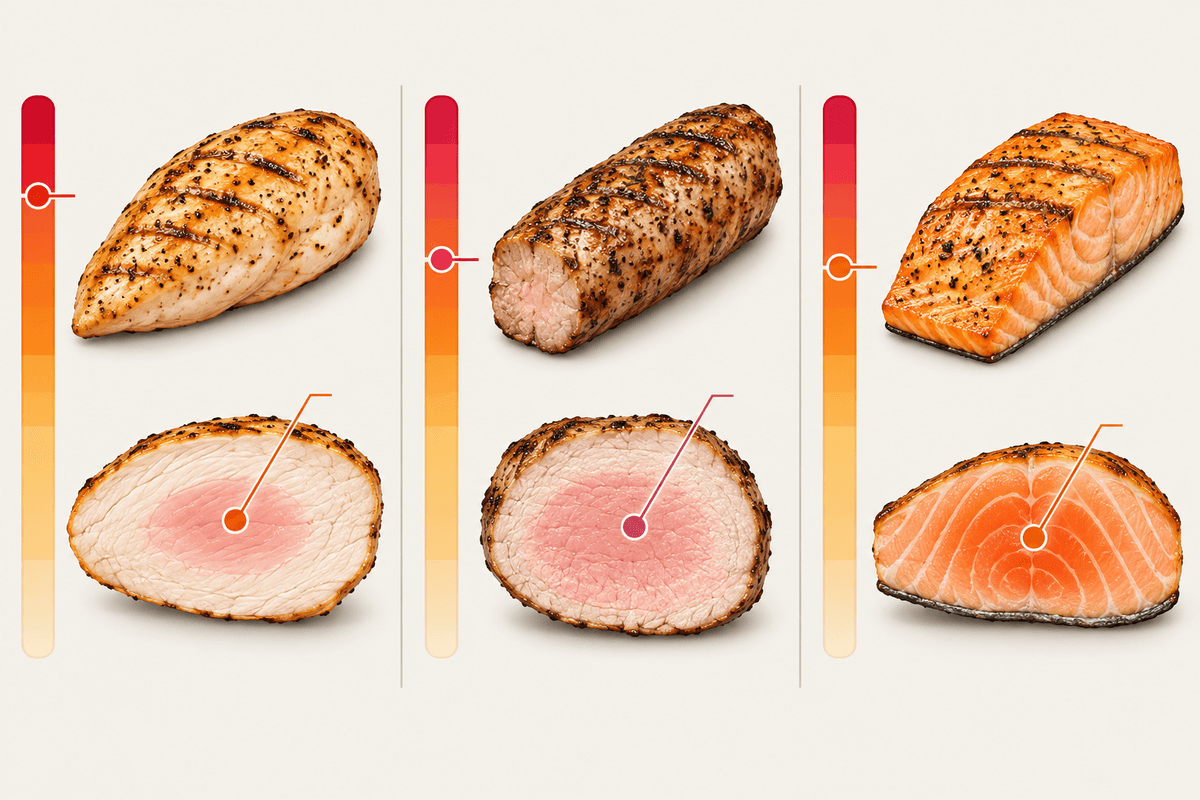 Visual guide to internal temperature zones by meat type.