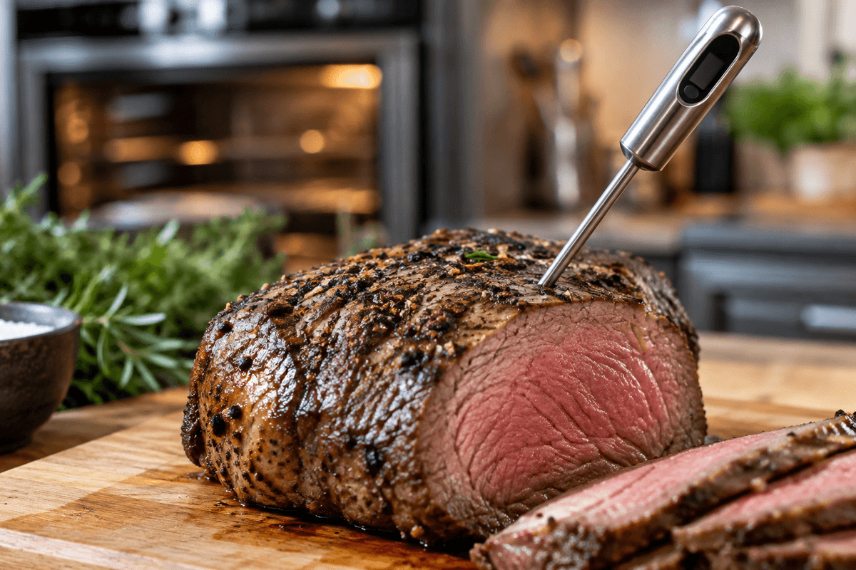 Meat thermometer measuring internal temperature in a roast beef cut.
